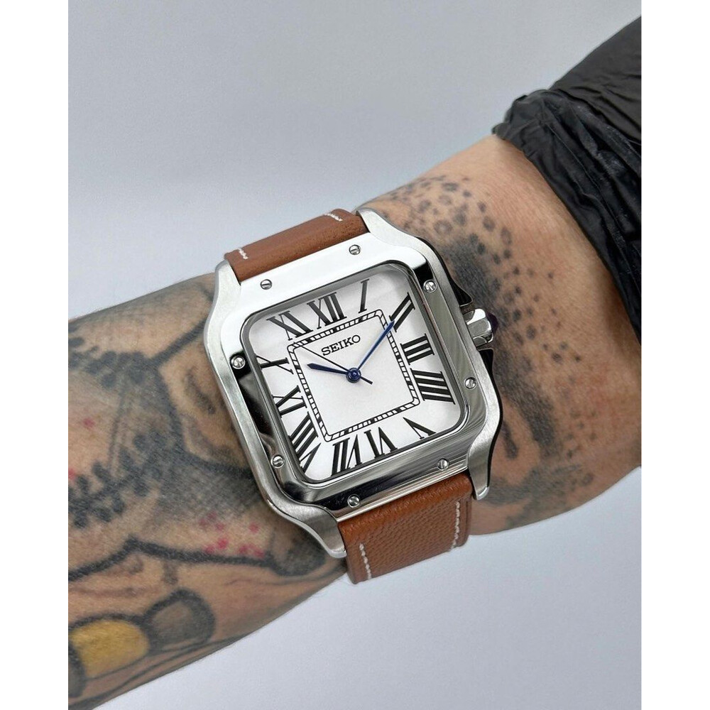 Custom Seiko Mod • 38mm White Santos on Leather Strap • 38mm